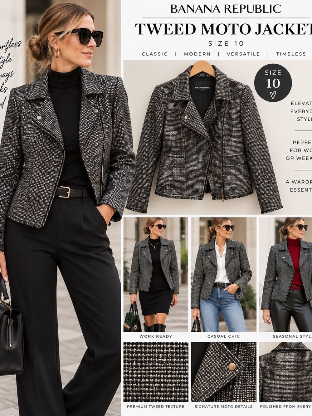 Banana Republic Black and Gray Tweed Moto Jacket